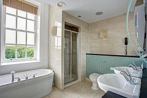 luxury bathroom with bath and shower