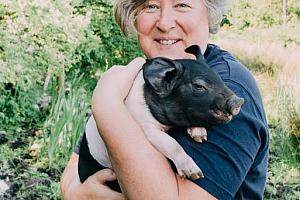 Cuddling a piglet